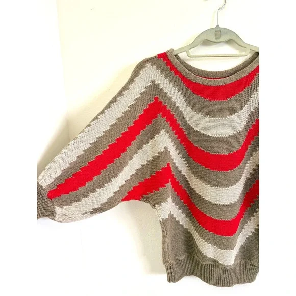 Vintage 80s Italian Slouchy Chevron Knit Sweater Boho Neutral Red OS - Picture 2 of 5